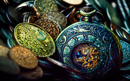 Close-up HD desktop wallpaper of an intricately designed, man-made pocket watch surrounded by antique coins, showcasing detailed craftsmanship and vintage charm.