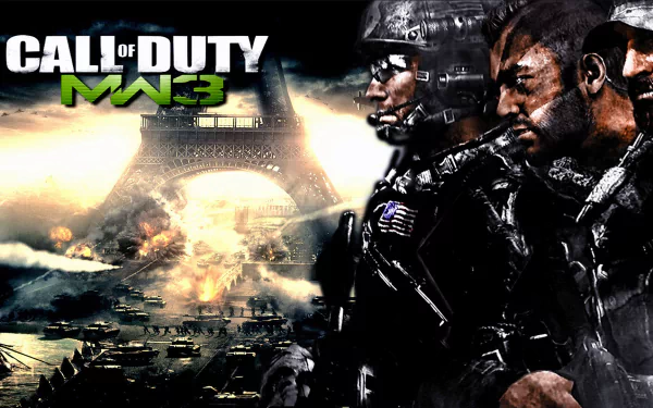 High-definition desktop wallpaper featuring characters from Call of Duty: Modern Warfare 3, set against a dramatic background with the Eiffel Tower and an explosive battle scene.