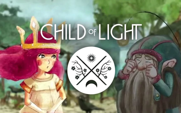 HD PC desktop wallpaper from the video game Child of Light: crowned red-haired girl and a long-bearded elf-like companion beside the game title and emblem.