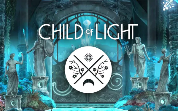 HD PC desktop wallpaper featuring an ethereal scene from the video game Child of Light, showcasing mystical statues and a glowing circular emblem.