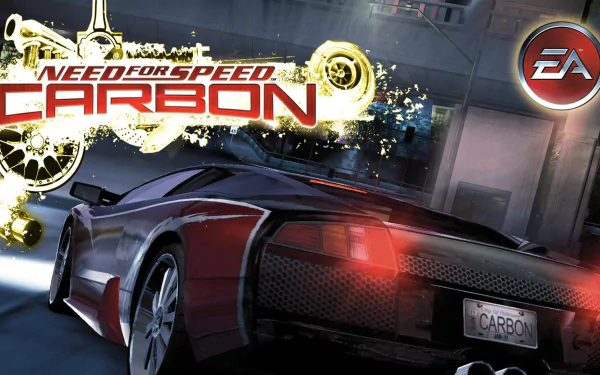 HD wallpaper featuring a sleek car from the video game Need for Speed: Carbon, showcasing dynamic visuals and the iconic game's logo. Ideal for fans and gamers alike.