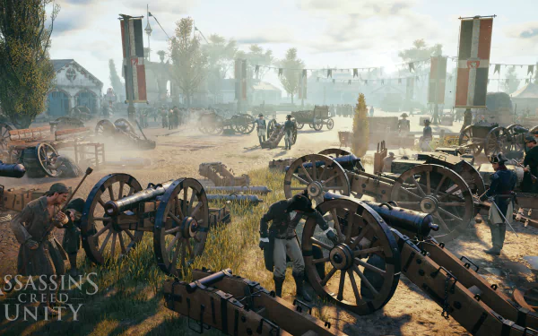 HD desktop wallpaper of a scene from Assassin's Creed: Unity, featuring cannons and soldiers in a revolutionary setting.