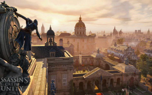 A stunning 4K Ultra HD wallpaper showcasing a panoramic view of Paris in Assassin's Creed: Unity, highlighting intricate architecture and a vibrant sunset.