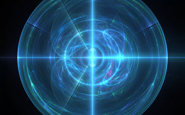 Abstract blue energy light forms a glowing circular pattern with intersecting beams, creating a dynamic HD desktop wallpaper and background.