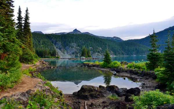 Nature HD PC desktop wallpaper and background: Garibaldi Lake's turquoise water reflecting pine‑covered shores and distant mountain peaks, rocky shoreline in foreground beneath a cloudy sky.
