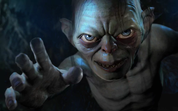 Close-up 4K Ultra HD desktop wallpaper of Gollum from the video game Middle-earth: Shadow of Mordor, showcasing detailed facial features and intense expression.