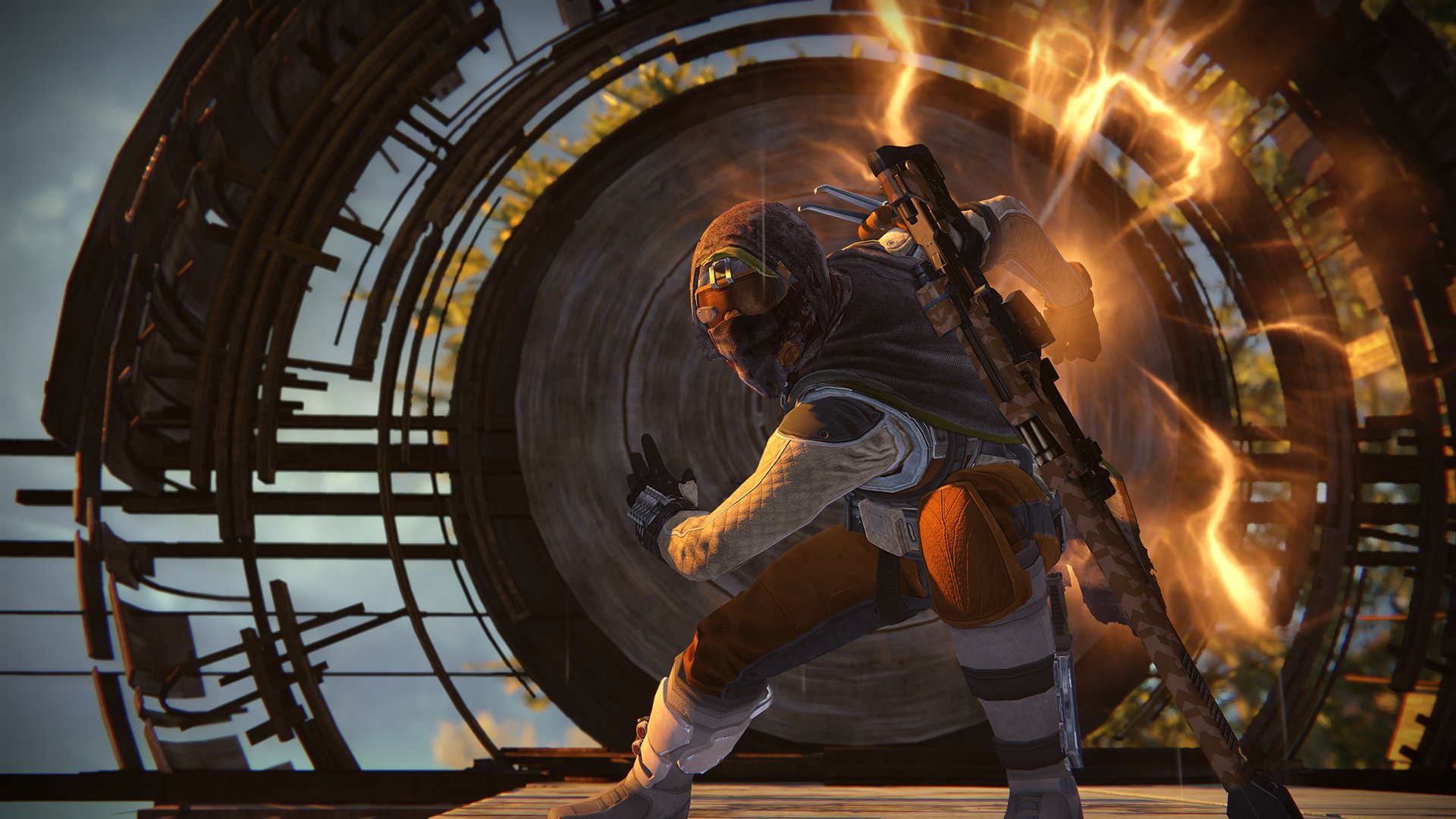 HD PC desktop wallpaper featuring a character from Destiny video game, poised in dynamic action with a fiery weapon and a large clock-like structure in the background.
