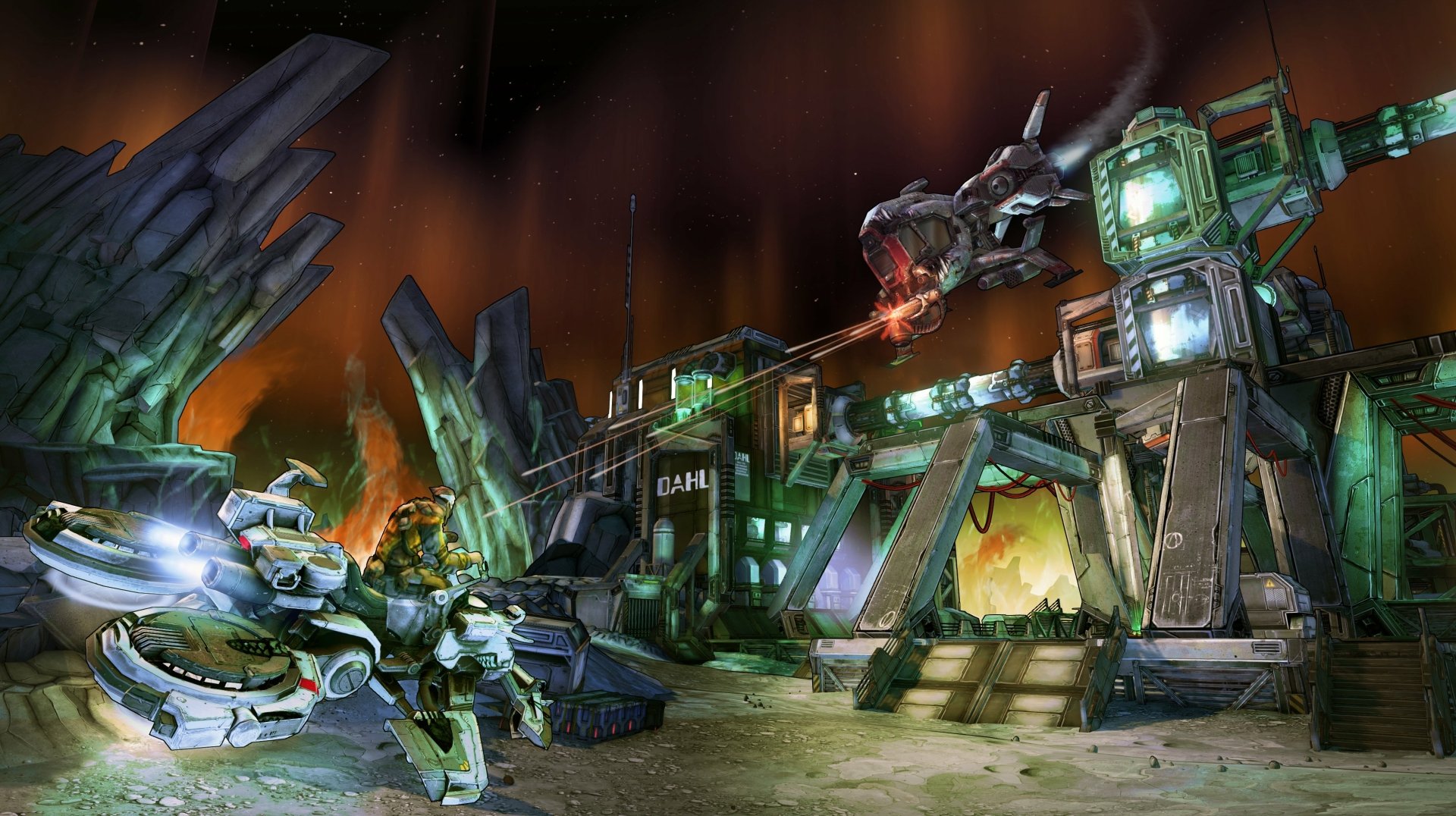 Borderlands: The Pre-Sequel video game 2K Quad HD PC desktop wallpaper depicting armored vault hunters and a hovering mech trading laser fire around an industrial moonbase.