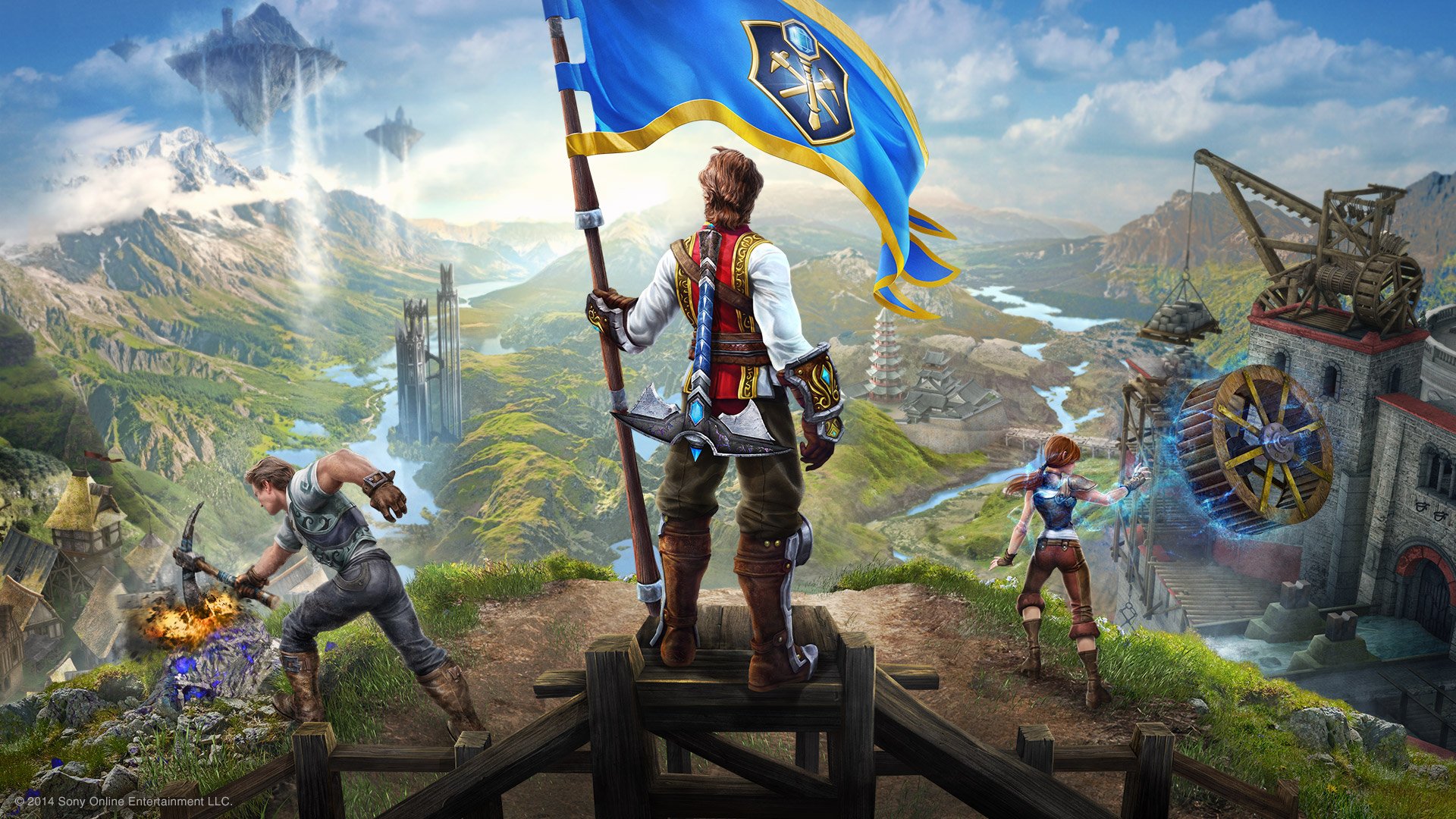 HD PC desktop wallpaper featuring a video game scene with characters overlooking a vast landscape, including a prominent castle landmark and dynamic action elements.