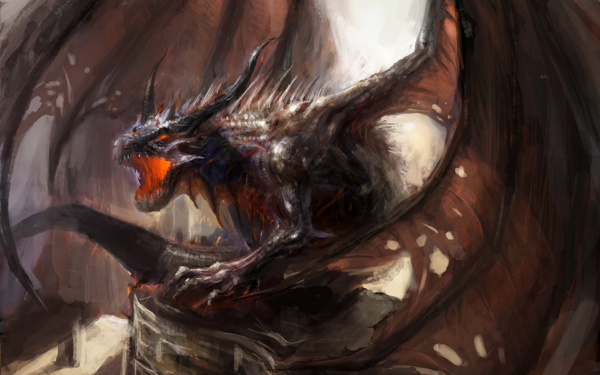 HD desktop wallpaper depicting a majestic dragon with expansive wings and ferocious expression, set against a shadowy, fantasy-themed background.