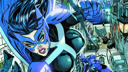 HD comic-style desktop wallpaper featuring a fierce female hunter in a dynamic action pose amidst a futuristic cityscape.