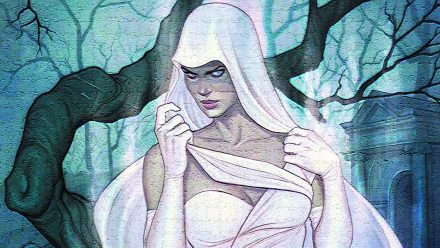 HD PC desktop wallpaper featuring Ghost from Dark Horse Comics, set against a haunting, eerie forest backdrop with a mysterious, ethereal ambiance.