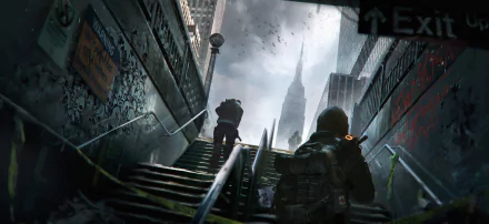 4K Ultra HD PC desktop wallpaper featuring atmospheric urban staircase with armed characters from the video game Tom Clancy's The Division, set against a cloudy cityscape.