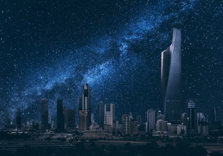 A stunning view of Kuwait City featuring modern skyscrapers under a starry night sky, showcasing the vibrant man-made landscape of this dynamic city. HD wallpaper background.
