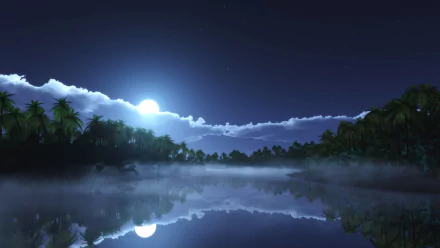 A serene 3D art depiction of a moonlit landscape with lush trees and mist over a calm water surface, creating a tranquil atmosphere for a HD desktop wallpaper or background.
