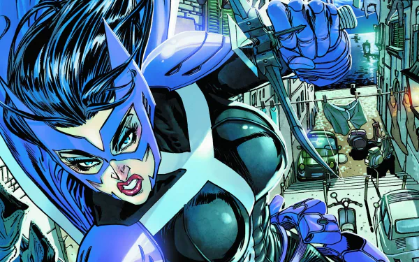 A dynamic comic-style image of a fierce female hunter brandishing a dagger, set against a bustling urban background. Perfect as a bold HD desktop wallpaper.