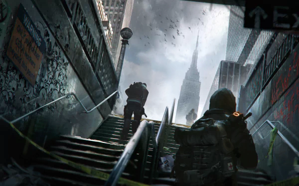 4K Ultra HD PC desktop wallpaper featuring atmospheric urban staircase with armed characters from the video game Tom Clancy's The Division, set against a cloudy cityscape.