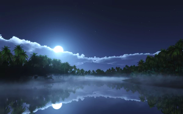 A serene 3D art depiction of a moonlit landscape with lush trees and mist over a calm water surface, creating a tranquil atmosphere for a HD desktop wallpaper or background.