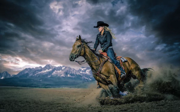 A cowgirl riding a horse at full speed against a dramatic sky, with mountains in the background. This captivating image serves as a stunning HD desktop wallpaper.