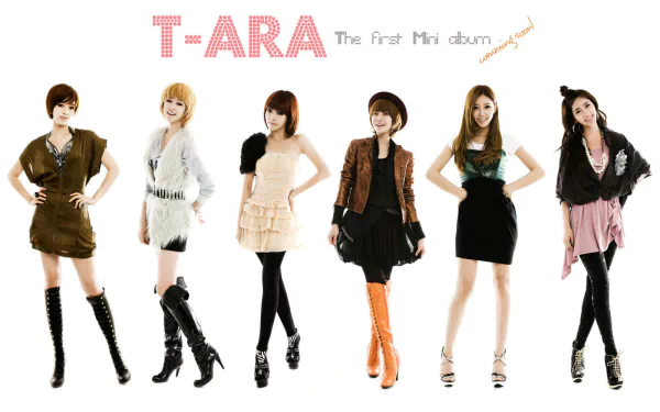 HD PC desktop wallpaper featuring six K-pop girl-group singers in stylish outfits posed on a white background with music-themed text at the top.