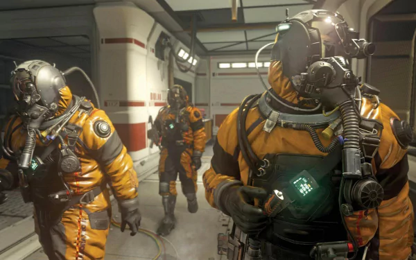 HD PC desktop wallpaper featuring fully equipped soldiers in orange hazardous suits from the video game Call of Duty: Advanced Warfare.
