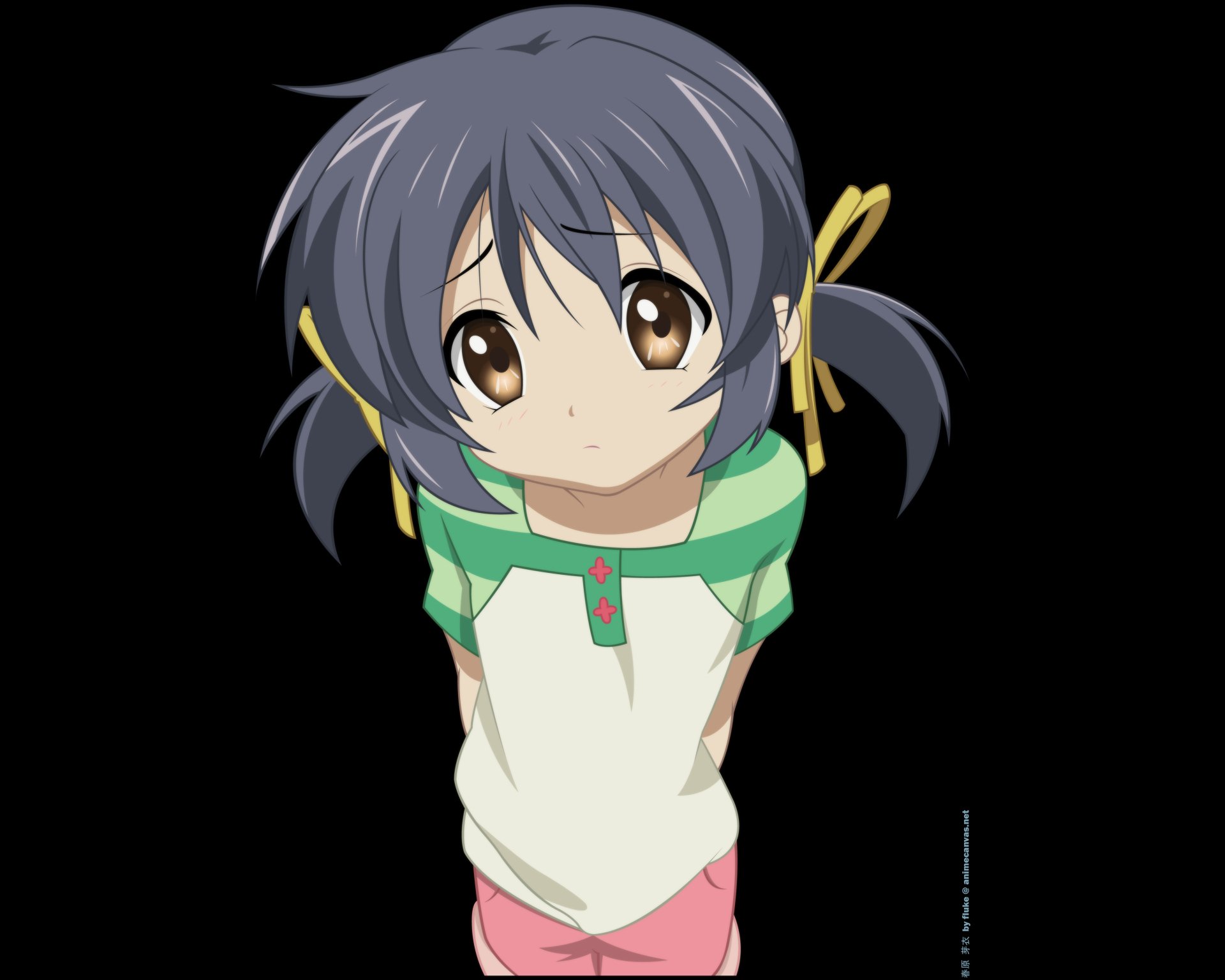 4K Ultra HD anime wallpaper featuring Mei Sunohara from Clannad, depicted with soft brown eyes and a green and white outfit against a plain background.