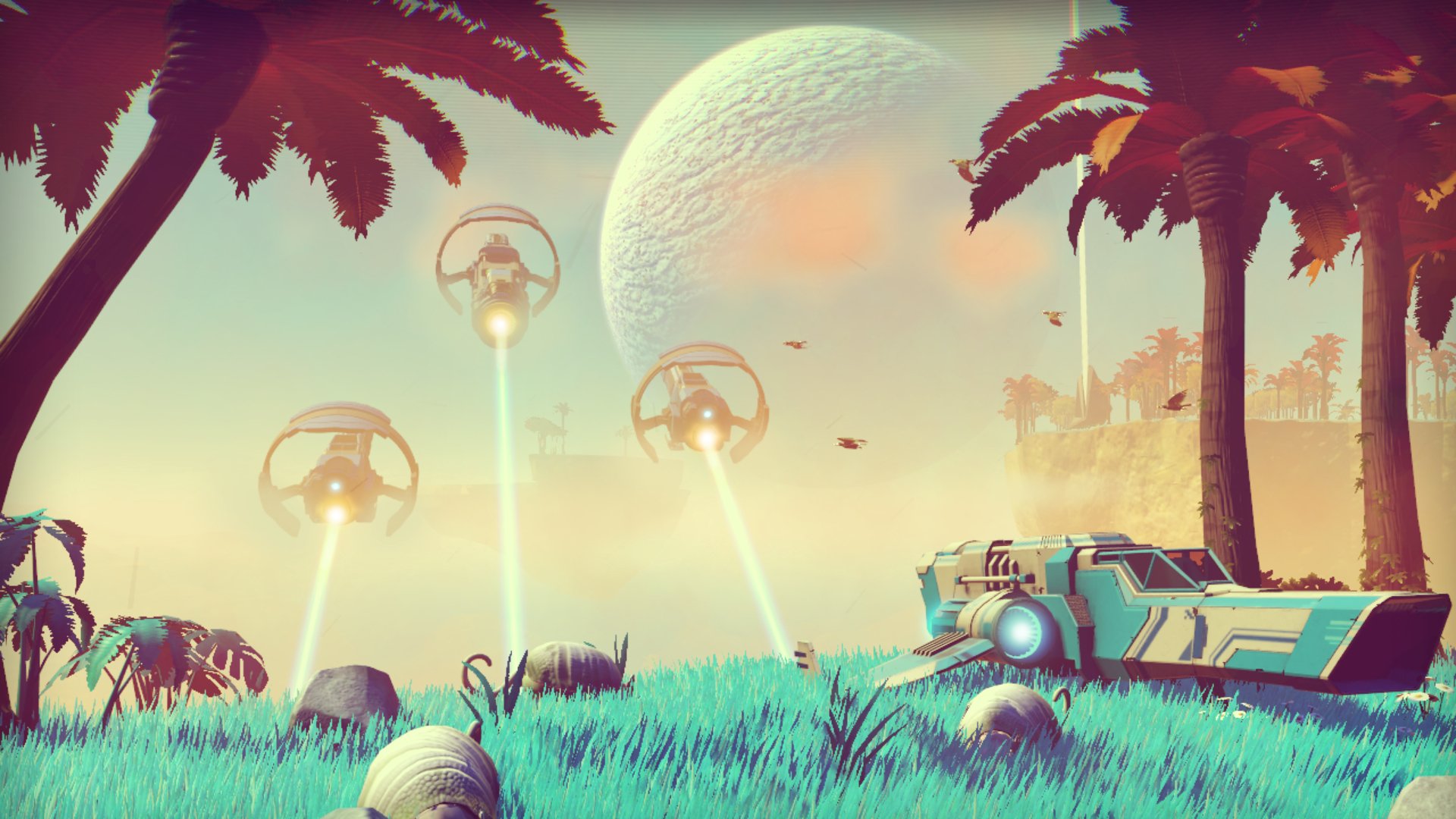 A vibrant No Man's Sky scene featuring futuristic ships soaring above lush, alien landscapes with palm trees and a distant planet, captured in stunning HD detail.