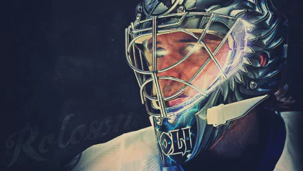 HD PC desktop wallpaper featuring a close-up of hockey goalie Dwayne Roloson wearing a detailed mask and gear in a sports-themed design.