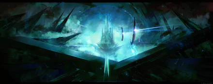 HD anime-style wallpaper featuring a mystical dark castle encased in a luminous crystal, set against a dynamic backdrop of shattered glass and eerie light.