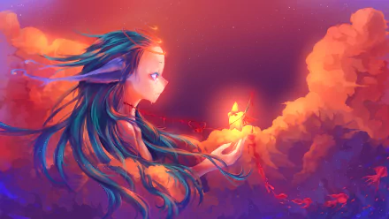 A captivating anime-inspired HD wallpaper featuring a girl with flowing hair, reaching out toward a glowing star amidst vibrant clouds, creating a dreamy atmosphere.