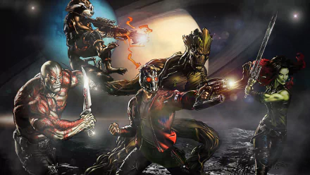 HD PC desktop wallpaper featuring comic-style Guardians of the Galaxy characters in action poses against a dramatic, dark space background.