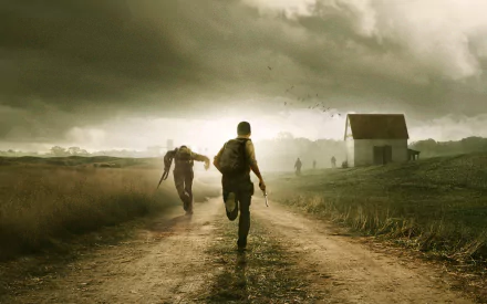 HD PC desktop wallpaper from the video game DayZ, depicting a lone survivor running on a dirt road with zombies in a misty, rural landscape.