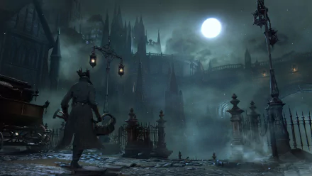 Dark, eerie Bloodborne scene with a hunter standing in foggy, gothic streets under a full moon. HD PC desktop wallpaper inspired by the video game.