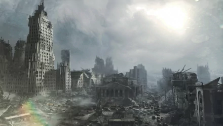 HD PC desktop wallpaper from the video game Metro Last Light Redux: bleak post-apocalyptic cityscape with crumbling skyscrapers, rubble-choked streets and a pale sun through smoky skies.