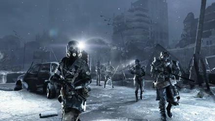 Video game HD PC desktop wallpaper/background — Metro Last Light Redux: gas‑masked soldiers patrol a snow‑covered, ruined city street beneath a cold, glaring headlamp.