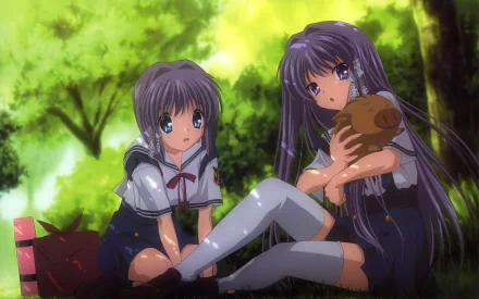 Two characters from Clannad, Ryou and Kyou Fujibayashi, sit in a lush green setting, wearing skirts and thigh-highs, with Botan beside them. A vibrant 4K Ultra HD anime wallpaper.