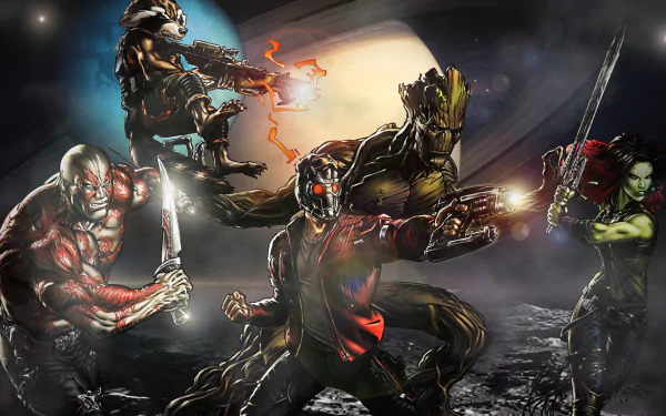 HD PC desktop wallpaper featuring comic-style Guardians of the Galaxy characters in action poses against a dramatic, dark space background.