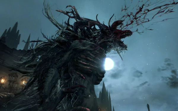 A dramatic Bloodborne-themed HD desktop wallpaper, featuring a menacing creature against a moonlit, foggy background, capturing the game's dark and eerie atmosphere.