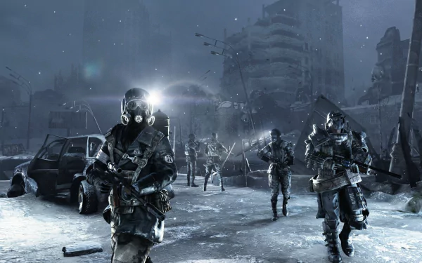 Video game HD PC desktop wallpaper/background — Metro Last Light Redux: gas‑masked soldiers patrol a snow‑covered, ruined city street beneath a cold, glaring headlamp.