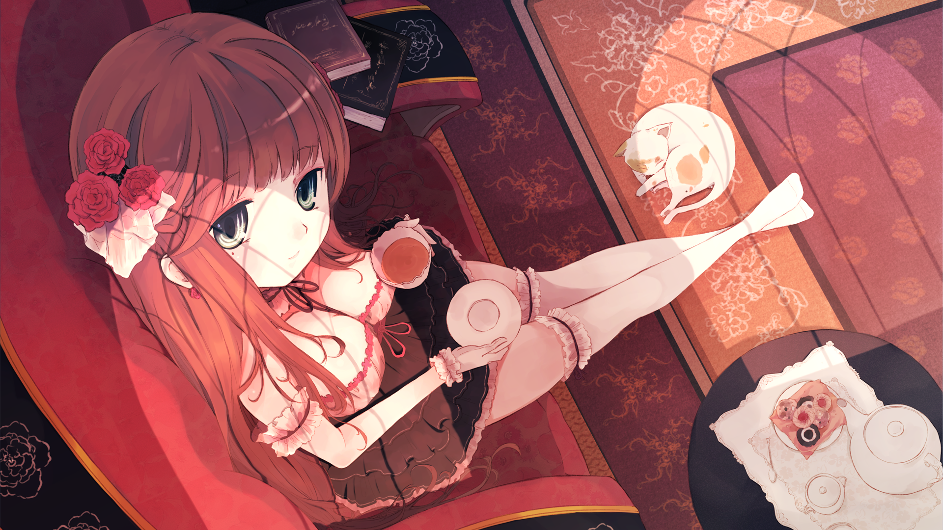 HD anime original artwork featuring a girl with red hair and flowers, relaxing on a chair with a teapot, cup, and a ghostly cat nearby, designed as a PC desktop wallpaper.