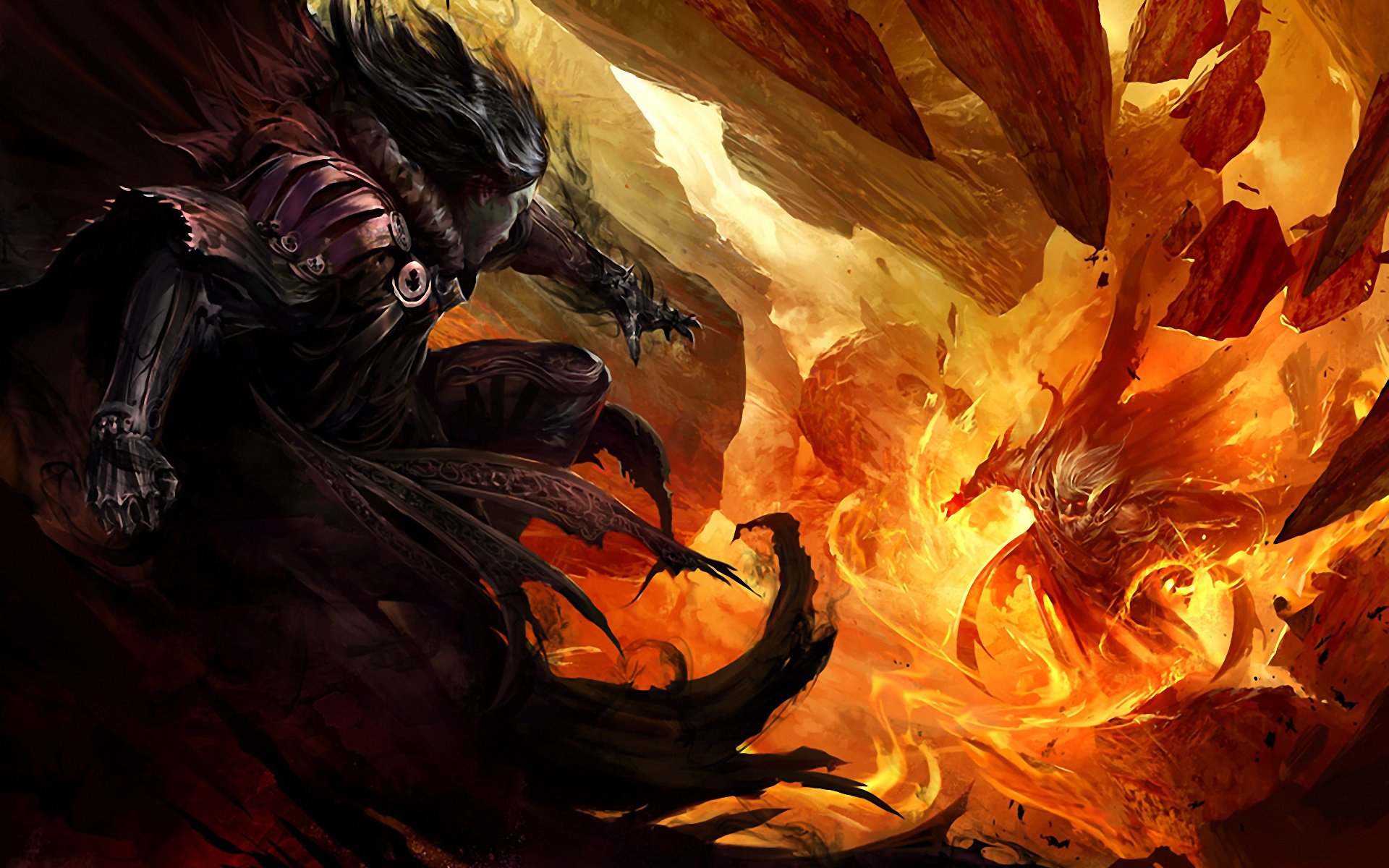A fierce fantasy warrior clad in dark armor confronts a fiery dragon amid swirling flames, captured in vivid detail as an HD PC desktop wallpaper.