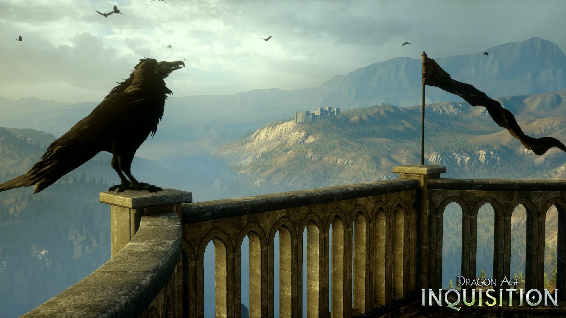 HD PC wallpaper from video game Dragon Age: Inquisition — raven perched on a stone balustrade overlooking a sunlit valley, distant fortress and a fluttering banner.