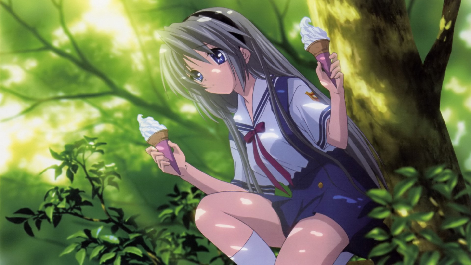 A serene HD anime wallpaper featuring Tomoyo Sakagami from Clannad, sitting in a lush green setting, joyfully enjoying ice cream cones in each hand.