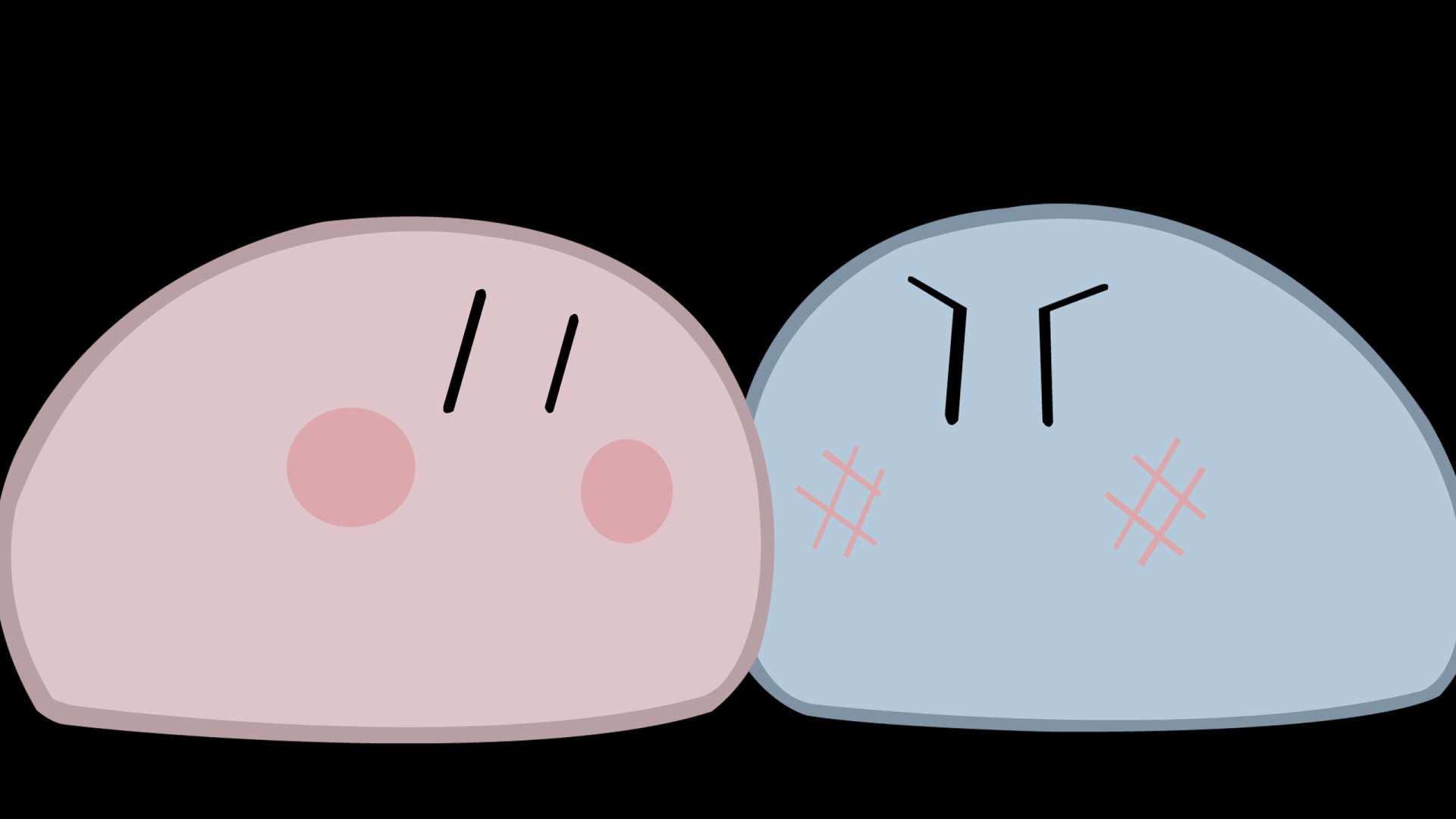 Two cute dango (pink and blue) with blushing cheeks and simple anime expressions on a black background — Clannad-themed 2K Quad HD PC desktop wallpaper.