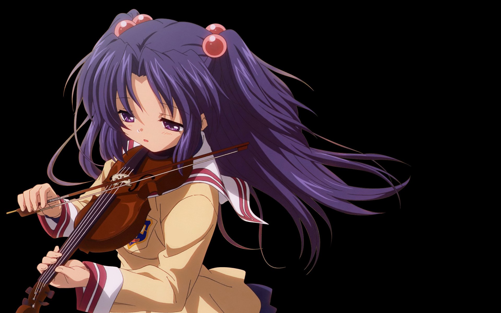 Kotomi Ichinose from Clannad playing a violin, long purple hair and school uniform on an HD PC desktop wallpaper.