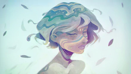 Artistic painting of a serene woman with flowing hair blending into abstract waves, designed as an HD PC desktop wallpaper and background.