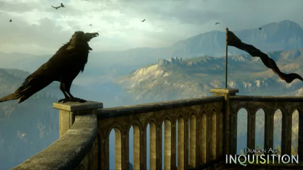HD PC wallpaper from video game Dragon Age: Inquisition — raven perched on a stone balustrade overlooking a sunlit valley, distant fortress and a fluttering banner.