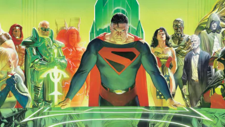 Comic Kingdom Come HD PC desktop wallpaper: Superman with black-and-red emblem stands center, heroes and mystics arrayed behind him against a glowing green citadel backdrop.