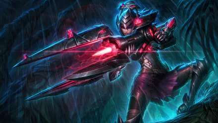 Caitlyn from League of Legends wields a futuristic weapon, set against a dramatic, dark background. This HD wallpaper captures her fierce and dynamic presence in the game.