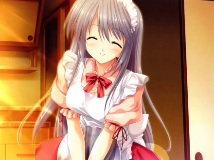 HD anime desktop wallpaper featuring Tomoyo Sakagami from Clannad, smiling warmly with long silver hair and a red bow in a softly lit room.